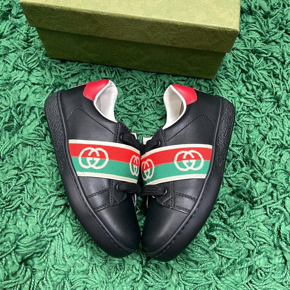 Brand New Gucci Ace Elastic Web GG Black Sneakers Shoes Kids sz 25 US 9C